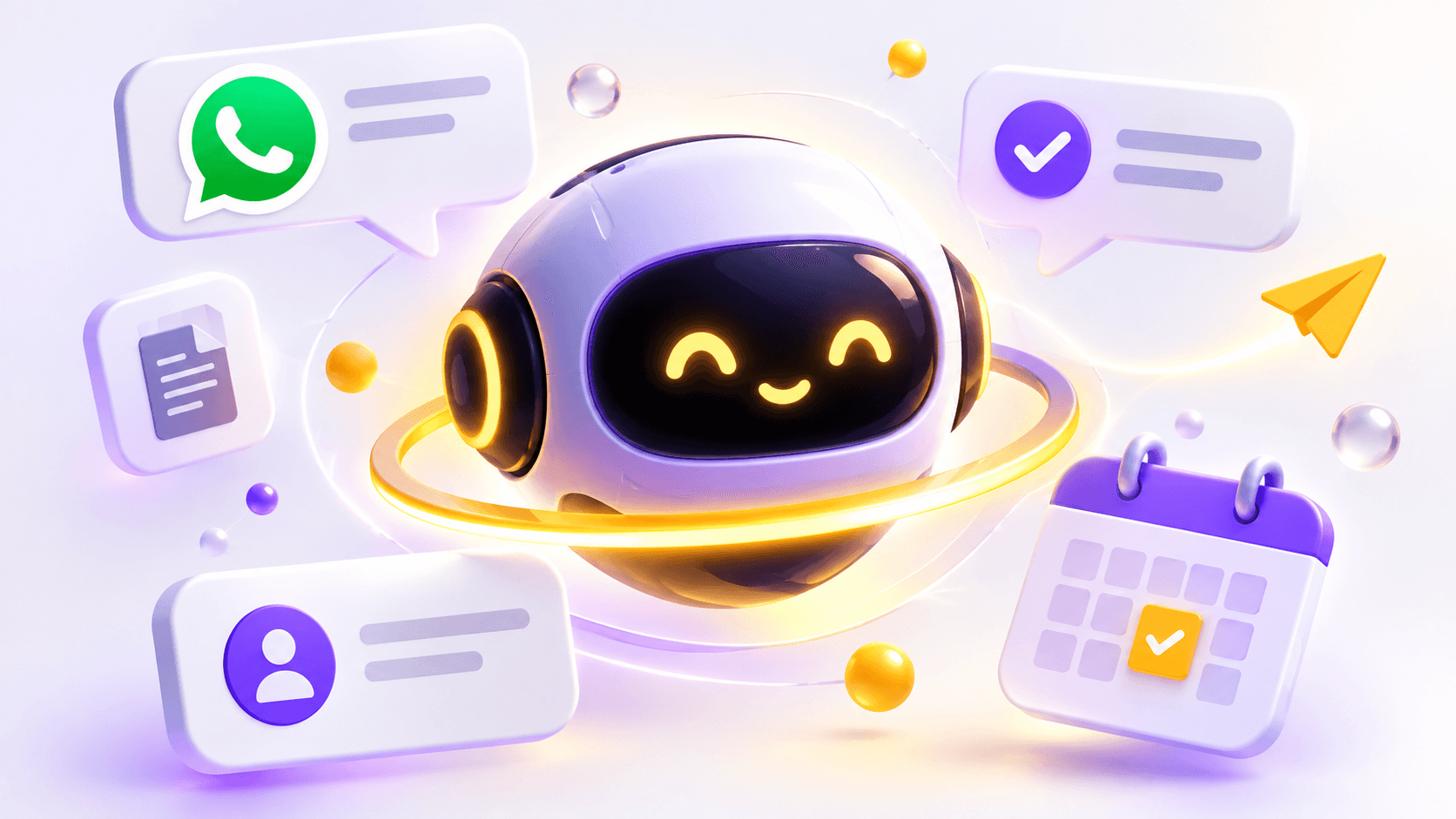 Illustration 3D d'un assistant IA souriant entouré d'une conversation WhatsApp, d'un message validé et d'un rendez-vous réservé dans l'agenda.