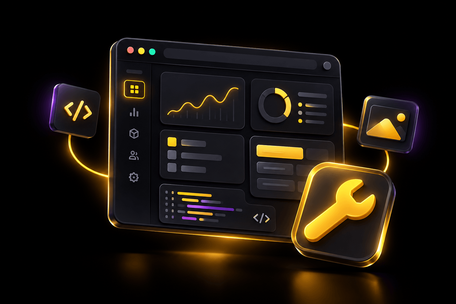 Illustration 3D d'un tableau de bord avec courbe de ventes, graphique en anneau et indicateurs, relié à des modules.