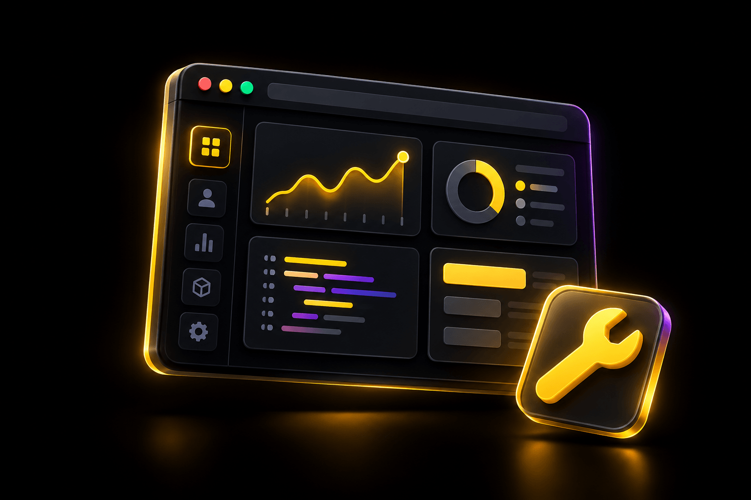 Illustration 3D d'une application sur mesure avec tableau de bord, lignes de code et une clé à molette.
