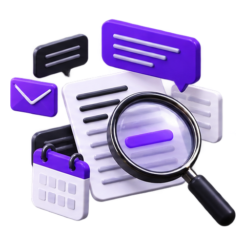 Loupe posée sur des messages, des e-mails et un agenda.
